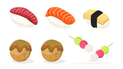Sushi sashimi, Dango and Takoyaki  japan asian food isolated on white background ,symbol of Japan ,Vector illustration EPS 10