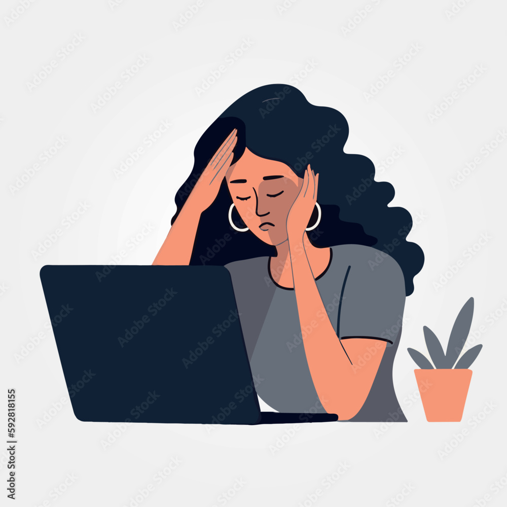 Wall mural vector illustration woman tired of working on laptop