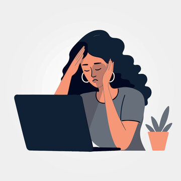 vector illustration woman tired of working on laptop