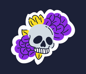 Scull with leaves concept. Head of skeleton in old style. Mexican traditions. Skull with plants. Design element for invitation and greeting postcard. Cartoon flat vector illustration