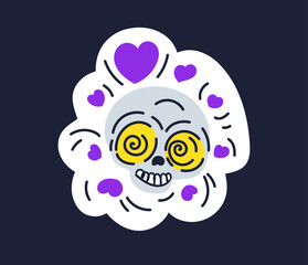 Scull with hearts concept. Mexican culture and traditions, holiday and festival. Skeleton head in retro style. Template, layout and mock up. Cartoon flat vector illustration