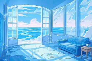 cozy living room with a blue couch overlooking a scenic ocean view. Generative AI