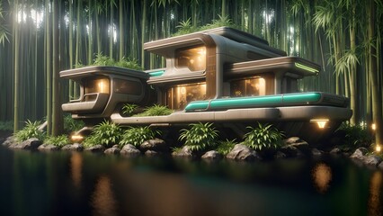  Illustration of a sci-fi futuristic cyberpunk house in the bamboo forest by the river - Generative AI