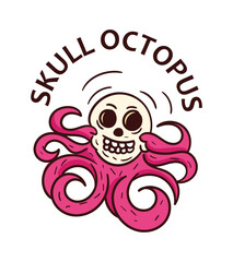 Skull octopus concept. Skeleton head with tentacles and text. Sticker for social networks and messengers. Symbol of Halloween and Mexican Day of Dead. Cartoon flat vector illustration