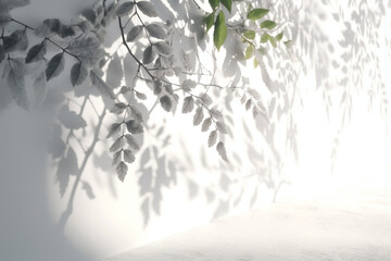 Light and airy background with foliage shadow on white wall, Generative AI	