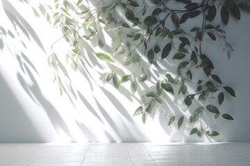 Light and airy background with foliage shadow on white wall, Generative AI	
