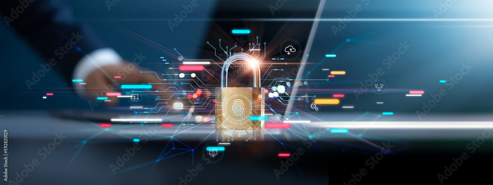 Poster Businessman and fingerprint scanning unlock and access to business data network. Cloud. Biometric identification and cyber security protect business transaction from online digital cyber attack.