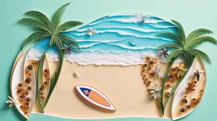 An abstract beach scene with a surfboard and palm trees from quilling and torn paper - generative AI