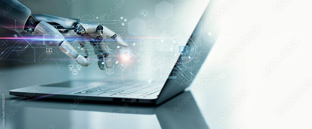 Poster ai, machine learning, hand of robot touching on big data network, revolution of ai, data exchange, d