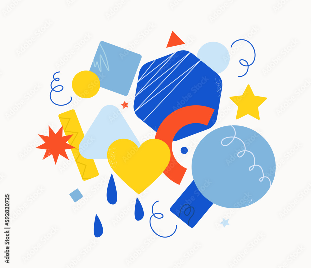 Wall mural geometric objects set. abstract patterns from multicolored polygons and heart. minimalistic creativi
