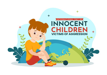 International Day of Innocent Children Victims of Aggression Vector Illustration with Kids Sad Pensive and Cries in Flat Cartoon Hand Drawn Templates