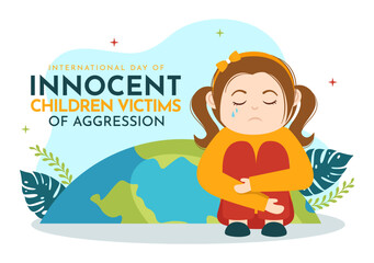 International Day of Innocent Children Victims of Aggression Vector Illustration with Kids Sad Pensive and Cries in Flat Cartoon Hand Drawn Templates