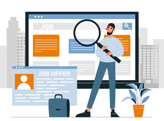 Job search concept. Man with magnifying glass stands near screen of computer or laptop. Carefree and job candidate. Young guy looking for employment, vacancy. Cartoon flat vector illustration