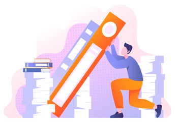 Office worker with books. Man overworked and overload. Pressure and inefficient workflow, poor time management. Emotional burnout and fatigue. Stress from rush work. Cartoon flat vector illustration