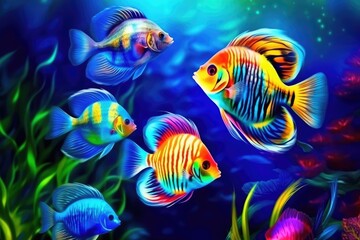 vibrant school of fish swimming in a colorful aquarium. Generative AI
