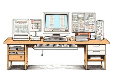 modern computer desk setup with dual monitors and a keyboard. Generative AI