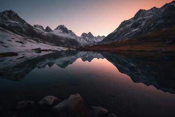 Fototapeta na wymiar sunrise over the mountains and lake - made with generative ai