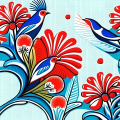 digital illustration, abstract floral pattern with birds, red blue folklore motif isolated on white background, watercolor texture, horizontal botanical design, modern fashion print
