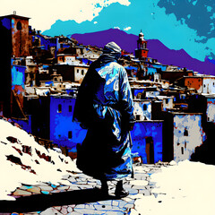 Fototapeta premium Digital painting from a Moroccan Berber men walking in atlas town,