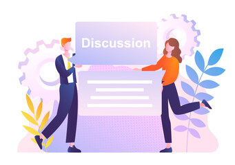 Press release concept. Man and woman standing next to speech bubbles. Communication and interaction between business and customers. Advertising and announcement. Cartoon flat vector illustration