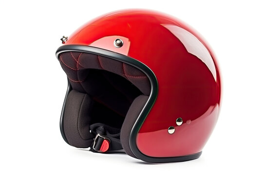 red motorcycle helmet isolated on white. AI generative image.