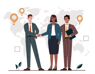 International cooperation concept. Man and woman shake hands against backdrop of world map. Successful negotiations, characters make deal. Globalization and business. Cartoon flat vector illustration