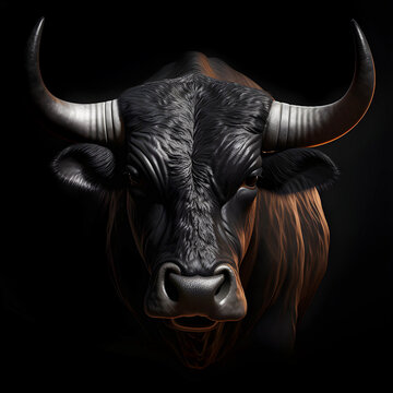 Portrait of a bull on black background. AI generated image.