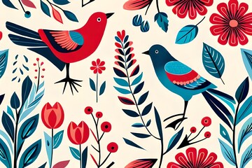 digital illustration, abstract floral pattern with birds, red blue folklore motif isolated on white background, watercolor texture, horizontal botanical design, modern fashion print