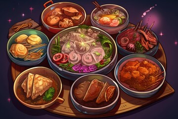 wooden tray filled with a variety of delicious foods. Generative AI