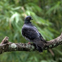 Grey, dark colored pigeon perched on a tree branch. Head turned and looking at the viewer.