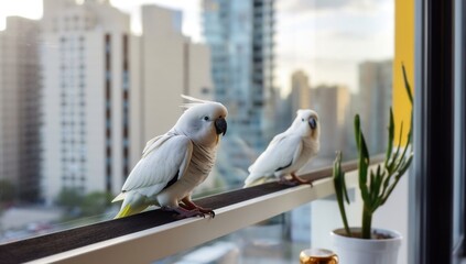 Fototapeta premium Urban apartments enriched by chirping, colorful pet birds