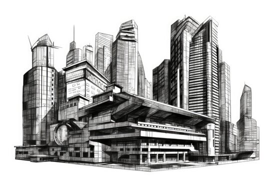 detailed black and white sketch of a bustling cityscape. Generative AI