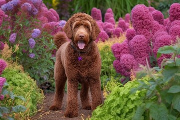 brown dog in a garden surrounded by purple flowers. Generative AI