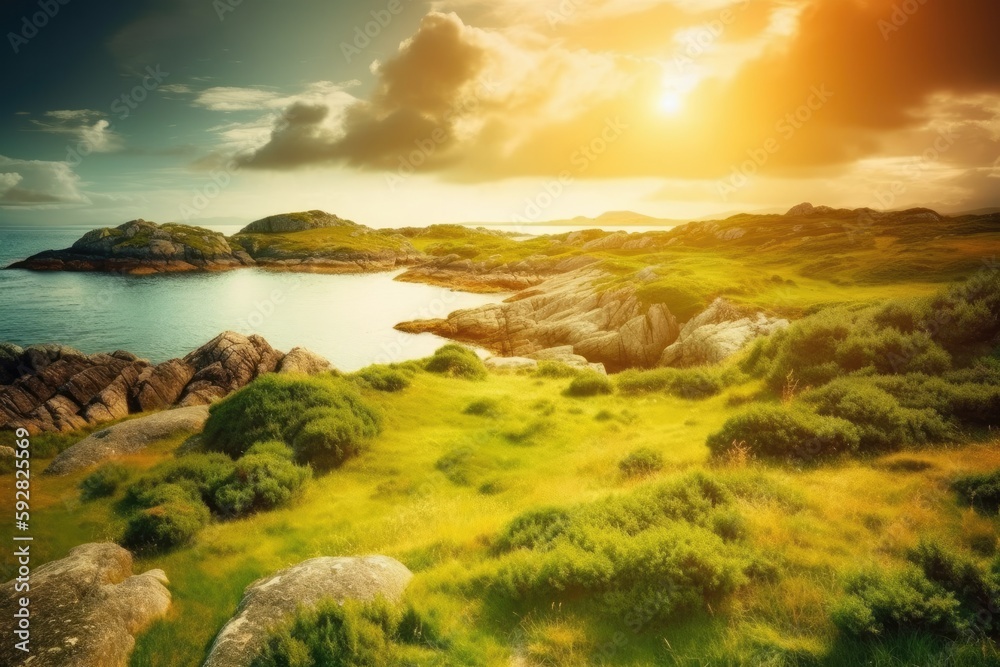 Poster serene landscape featuring a lush green field and a peaceful water body in the distance. generative 