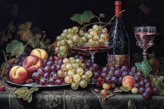 still life painting featuring grapes, peaches, and a wine glass on a table. Generative AI