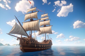 Naklejka na ściany i meble Wooden sailing ship on calm sea. made with Generative AI