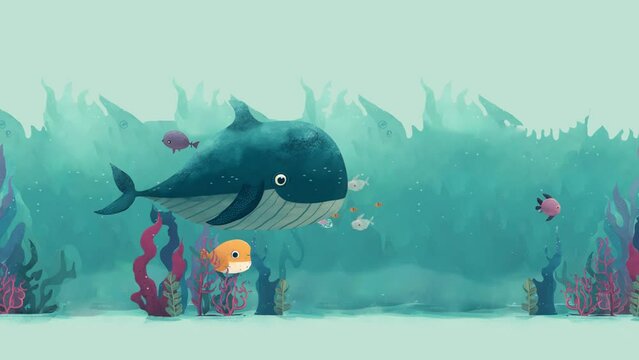 Video de ni&ntilde;as leyendo e imaginando historias del fondo del mar, una ballena nadando entre un cardumen de peces, estilo cuento ilustrado con acuarela.