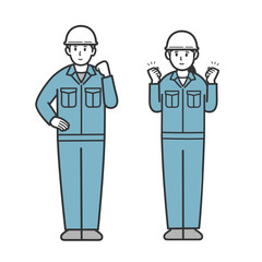 ガッツポーズをする作業員男女のイラスト
