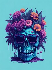A detailed illustration a Dead Skull wearing trendy sunglasses, t-shirt design, flowers splash Generative AI