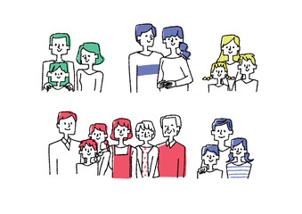 大家族や父子家庭、母子家庭の家族のイラストセット