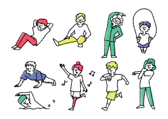 運動をしているさまざなな年齢の人物のイラスト素材セット
