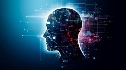 artificial intelligence AI research of robot and cyborg development for the future of people living. Digital data mining and machine learning technology design for computer brain.