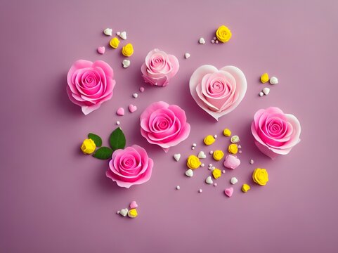 Mothers Day Concept Top View Photo Of White Yellow, and Pink Rose on Pink Background, Generative AI