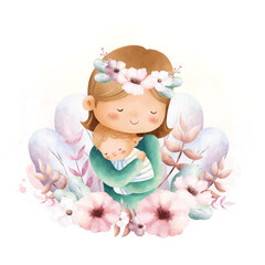Watercolor illustration Mother and baby with flower wreath