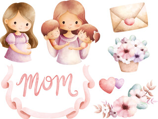 Watercolor illustration set of Mothers day clipart