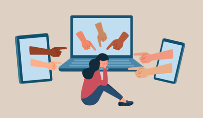 Cyber bullying concept vector illustration. Upset woman crying in front of computer, tablet and smartphone. Social media blame.