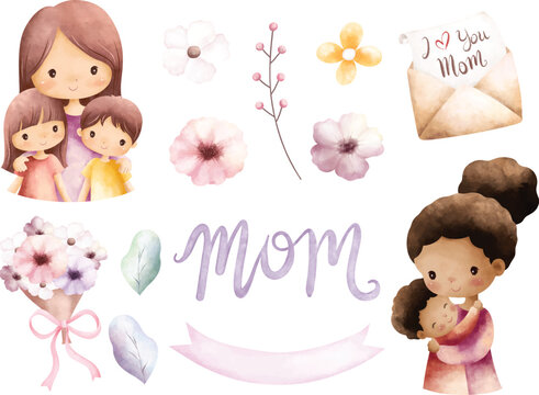Watercolor illustration set of Mothers day clipart