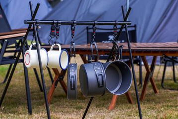Various tableware, kettles and utensils for outdoor camping