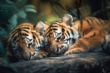 Sweet tiger cubs portraits in a jungle