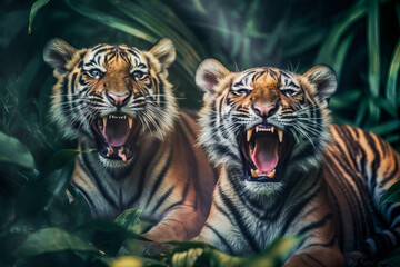 Sweet tiger cubs portraits in a jungle